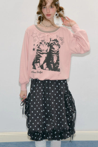 Rosa Sweatshirt mit Katzenprint und Bindeband