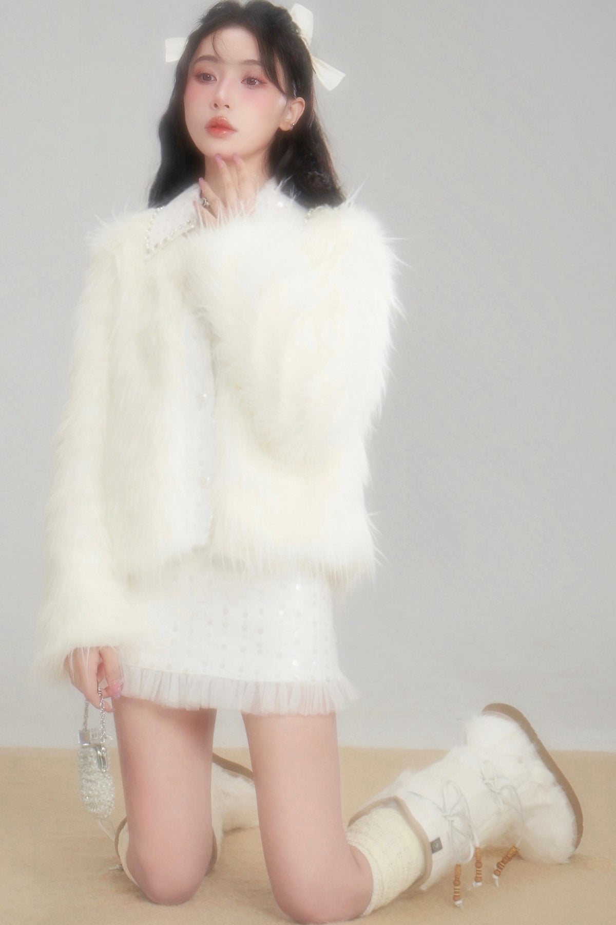 Snow Mountain Silver-White Long-Haired Fur Coat and Skirt Set-Up