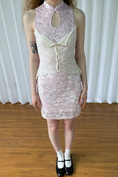 Abito Cheongsam rosa vintage in pizzo