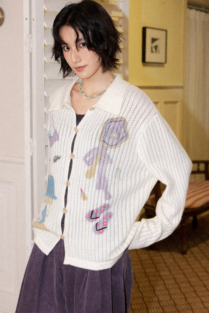Perforated Long-Sleeved Vertical Stripe Printed Knit Set-Up