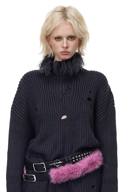 Tassel Turtleneck Ripped Oversized Sweater
