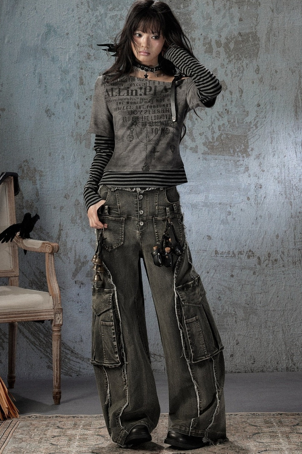 Vintage Washed Wide-Leg Large Patch Pockets Jeans