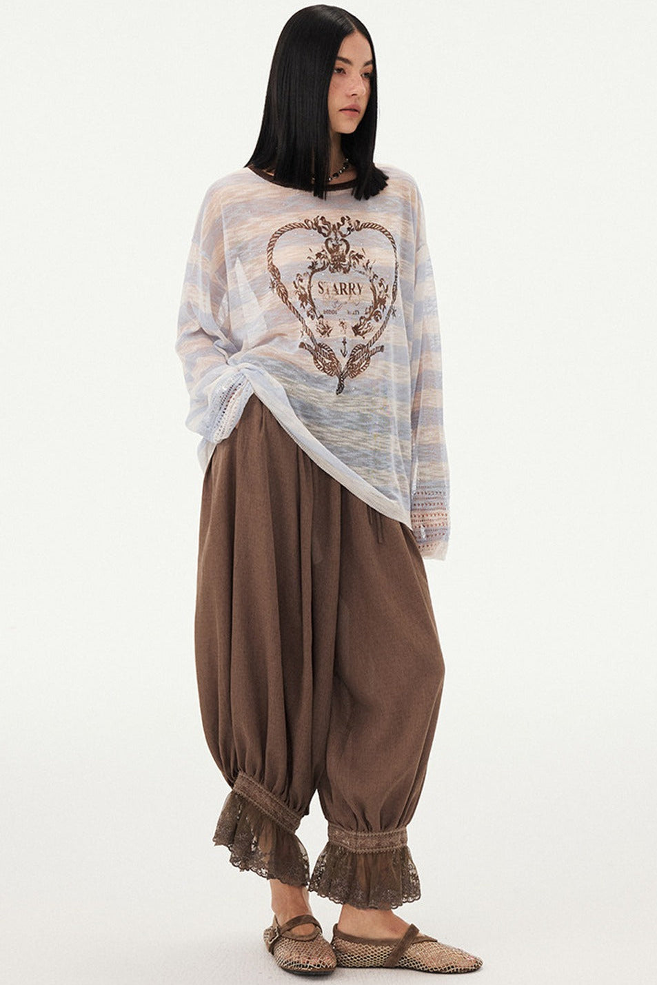 Knotted Heart Striped Knit Blouse