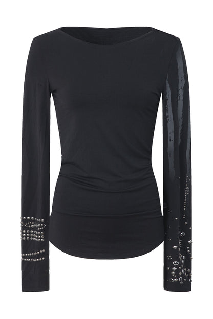 Light Punk Metal Rhinestone Distressed Long-Sleeve T-Shirt
