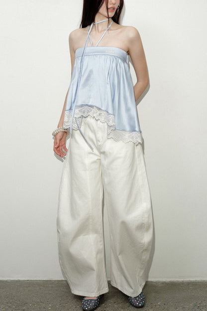 Blue Satin Lace Trim Halter Camisole