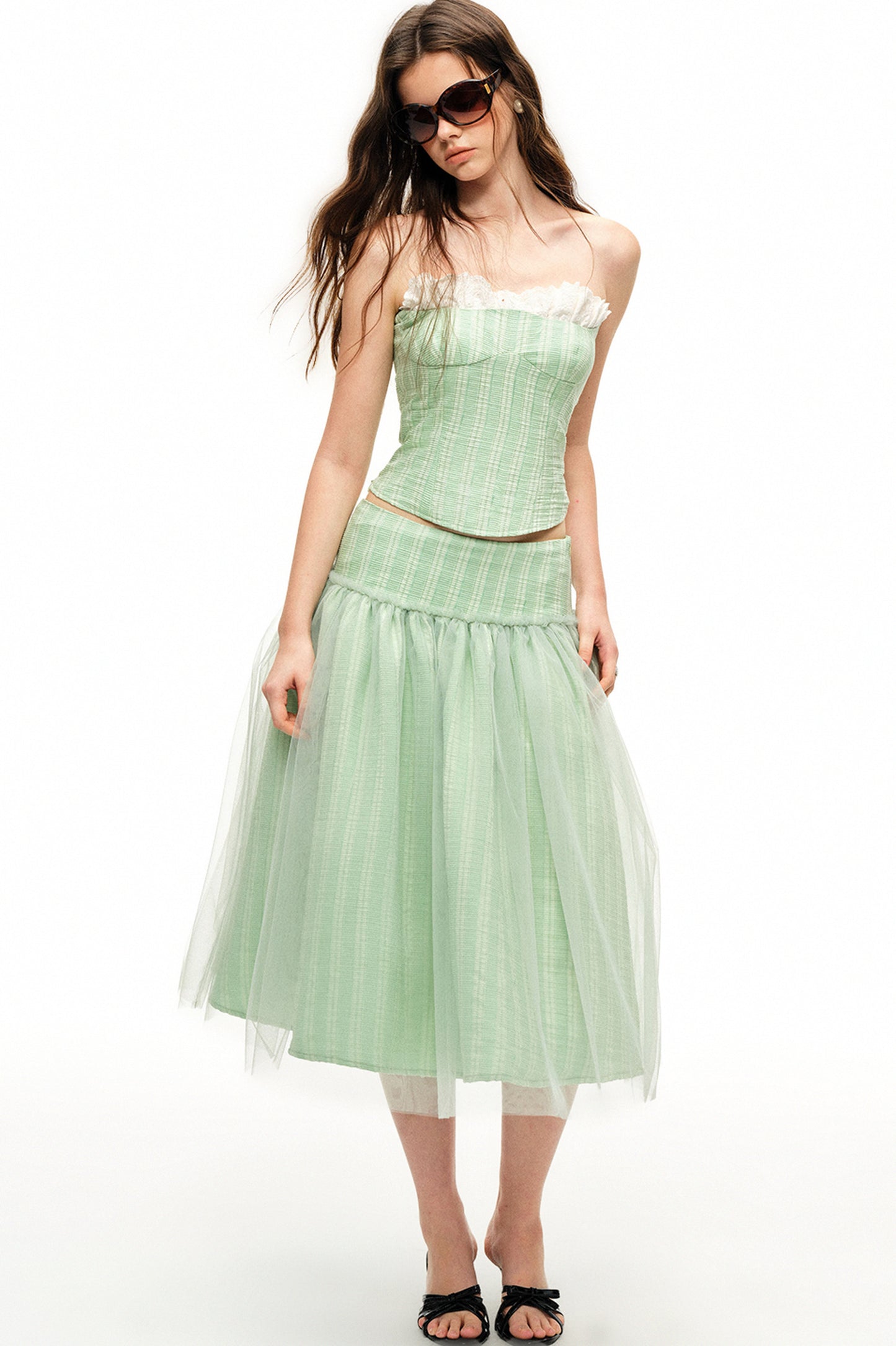 Mint Green Stripe Lyocell Cape and Tulle Skirt Set-Up