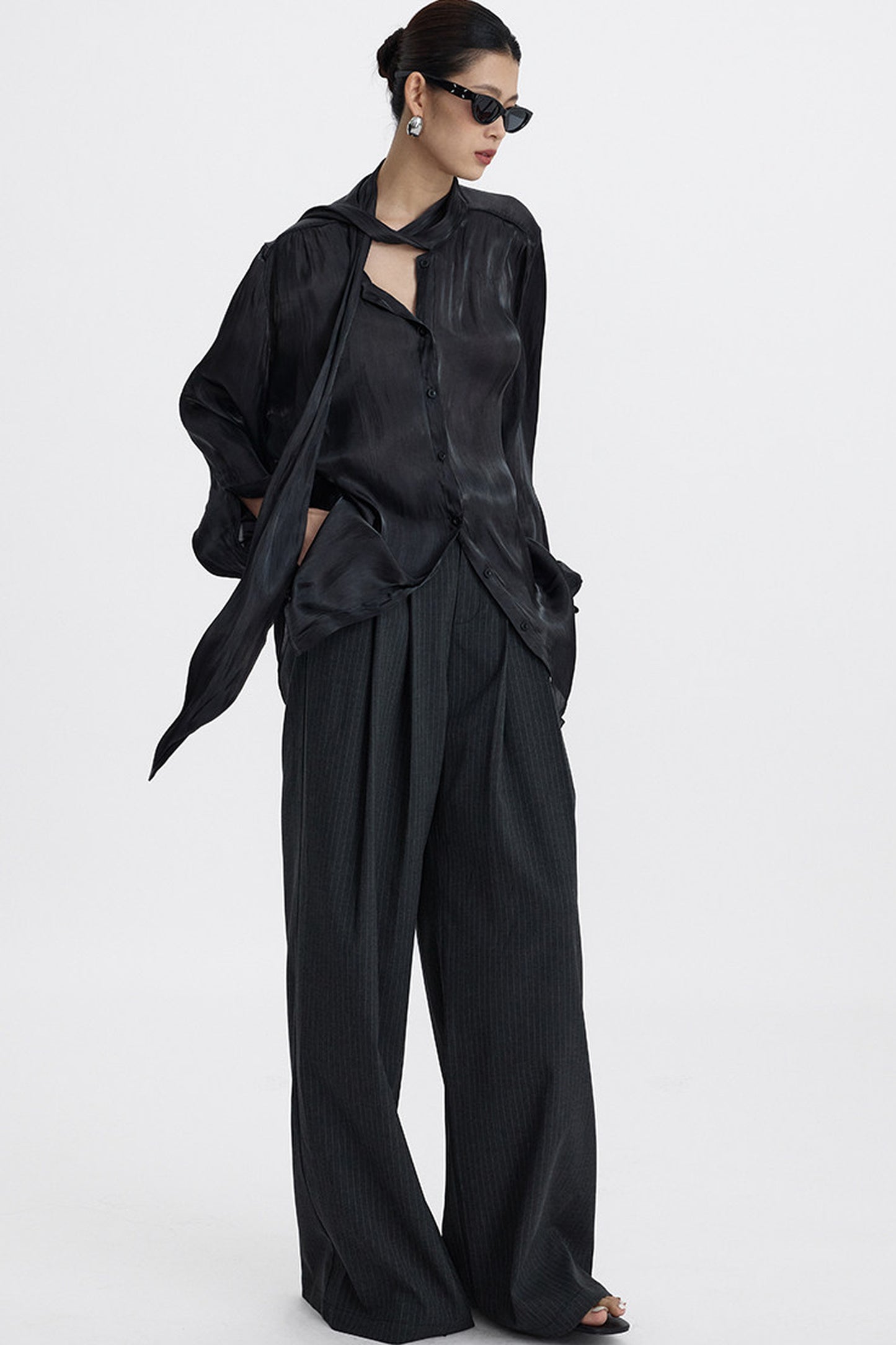 Pleated Tie Neck Shirt