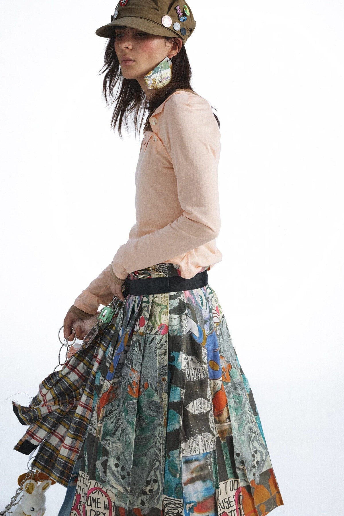 Plaid Graffiti Patchwork Pleated Skirt