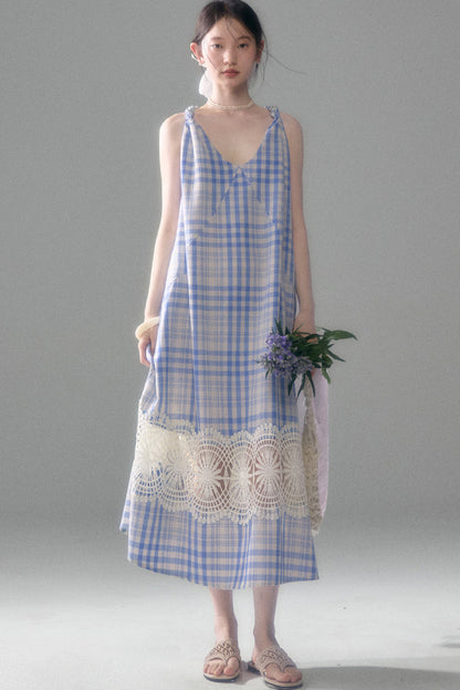 Blue White Plaid Lace Slip Dress