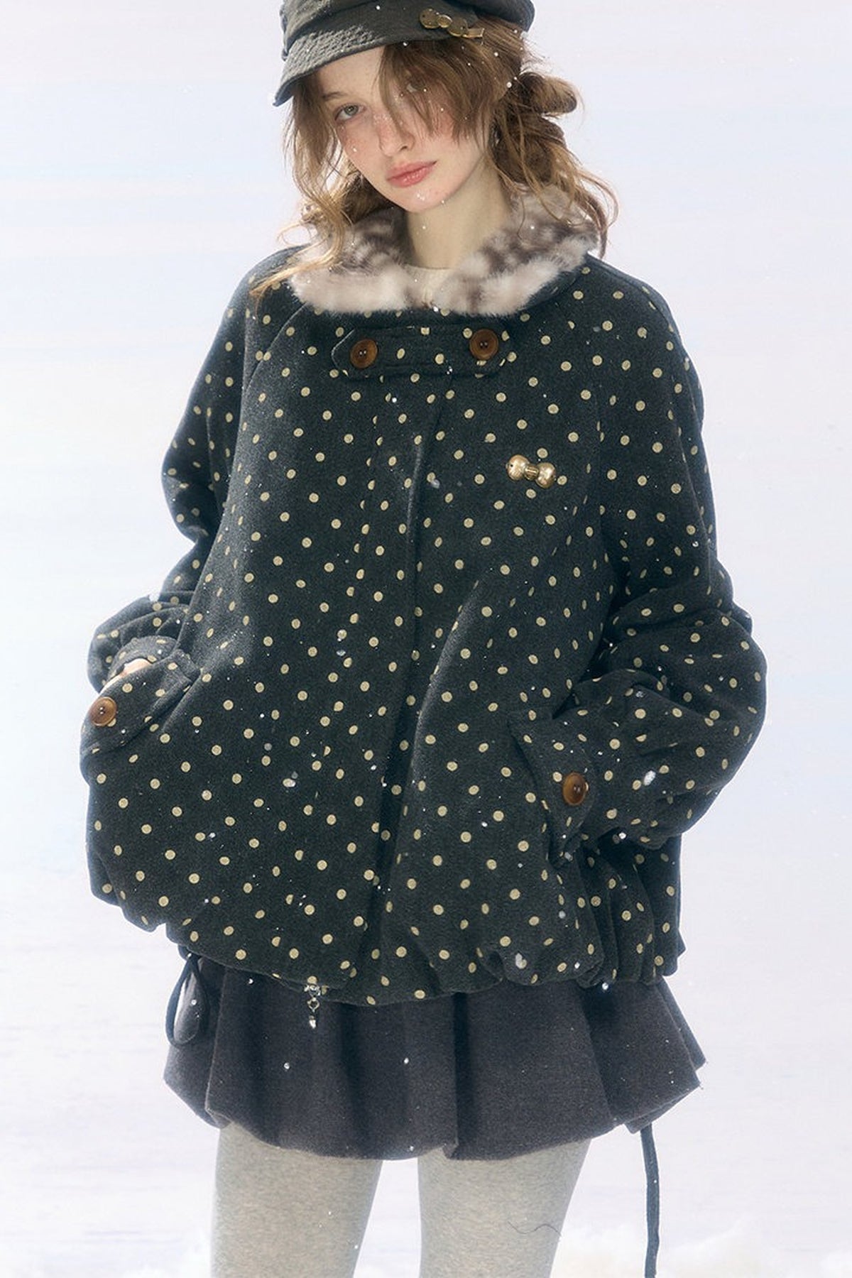 Short Polka Dot Plush Collar Cotton Jacket