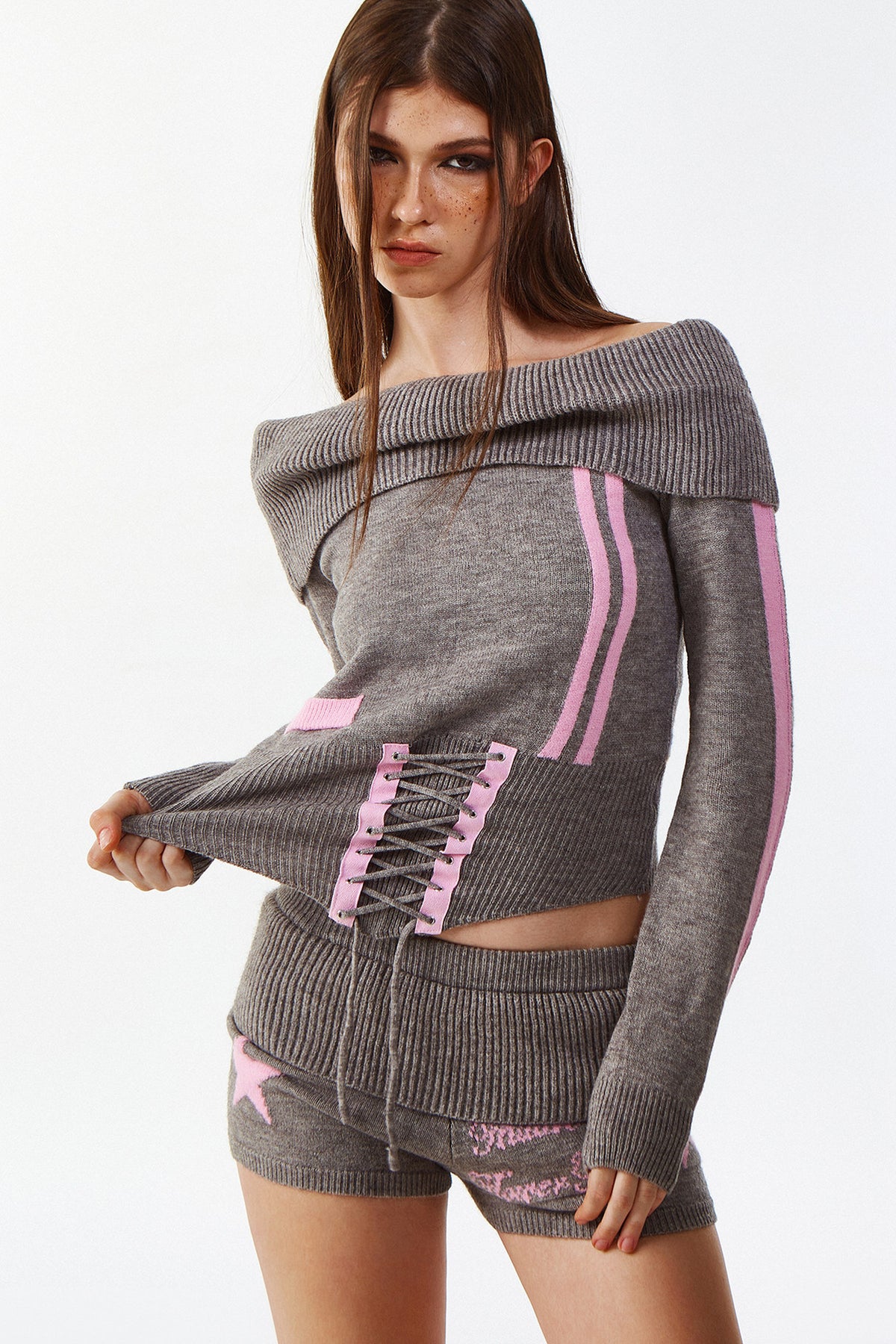 Knitted Floral Gray Star Sweater With Pants Set