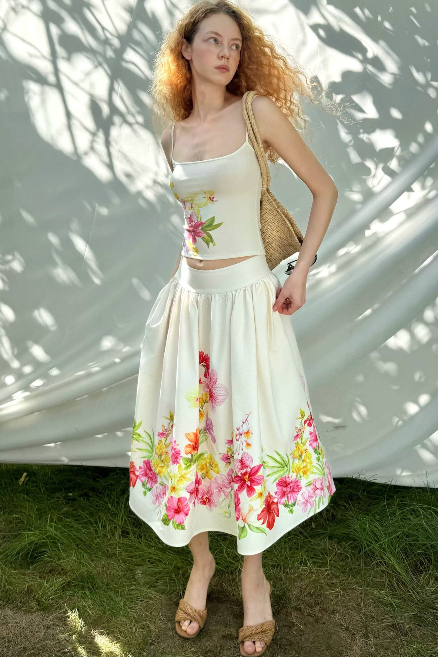 Retro Tencel Printed Camisole Skirt Set-Up