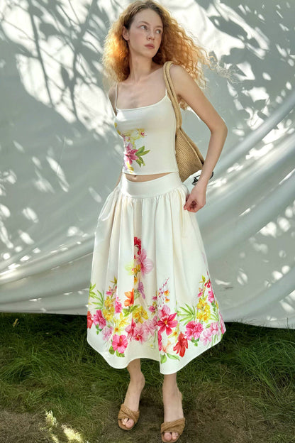 Retro Tencel Printed Camisole Skirt Set-Up
