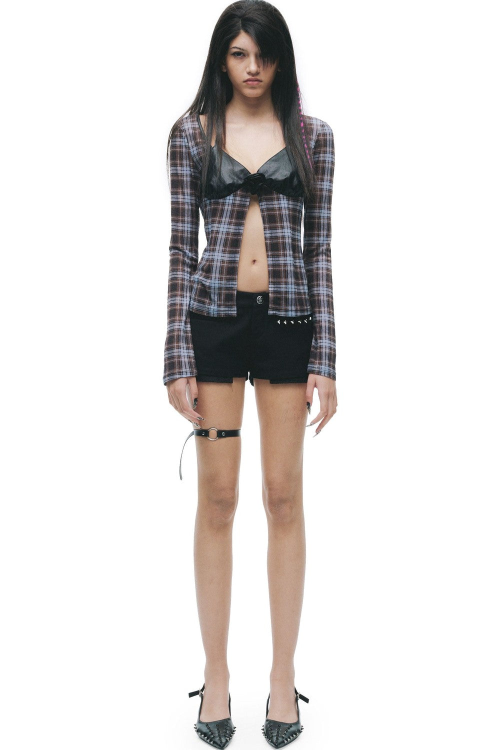 Leather Mesh Long-Sleeve Top