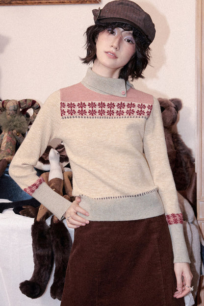 Floral High-Neck Pullover Sweater