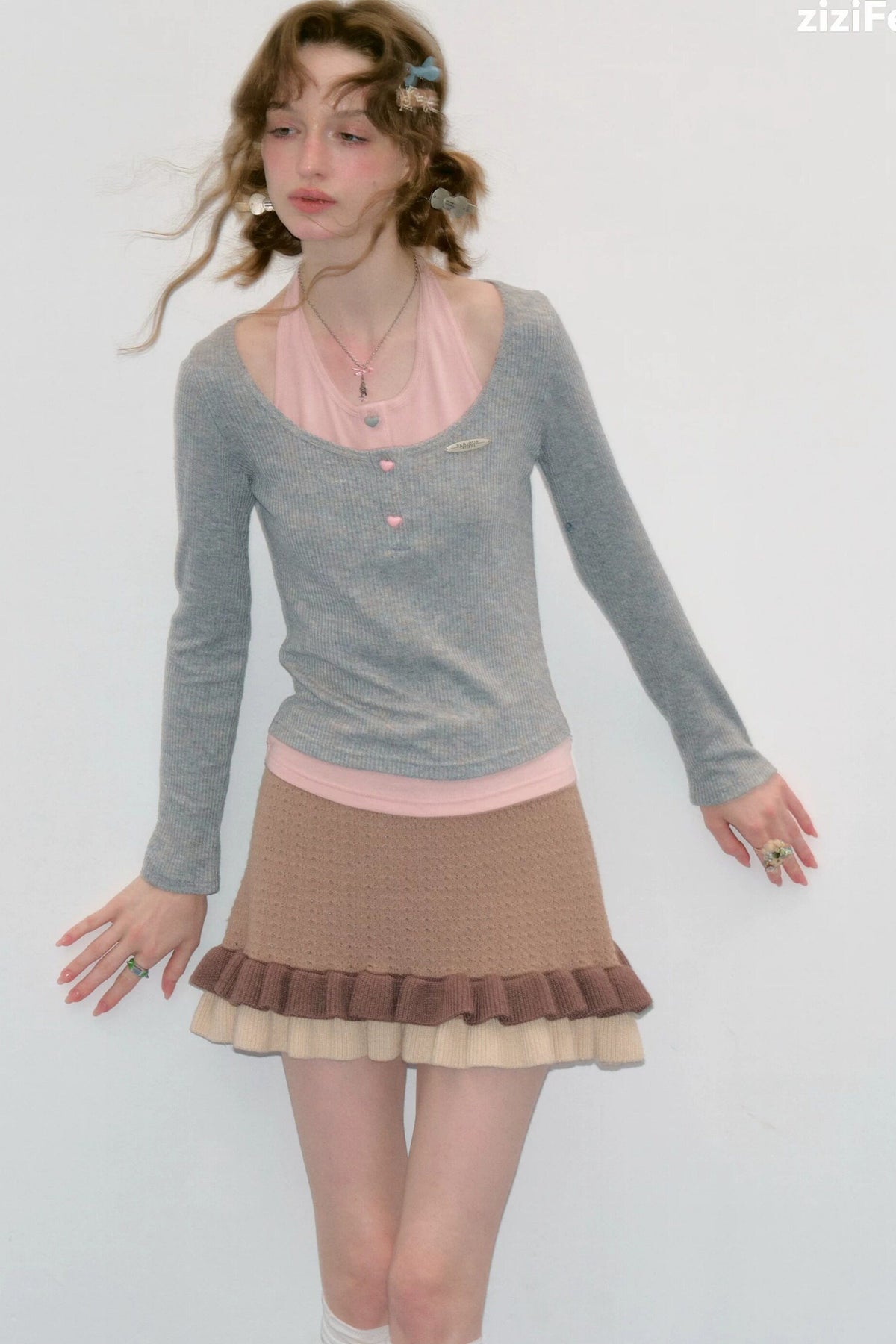 Layered-Look Long Sleeve Knit Top