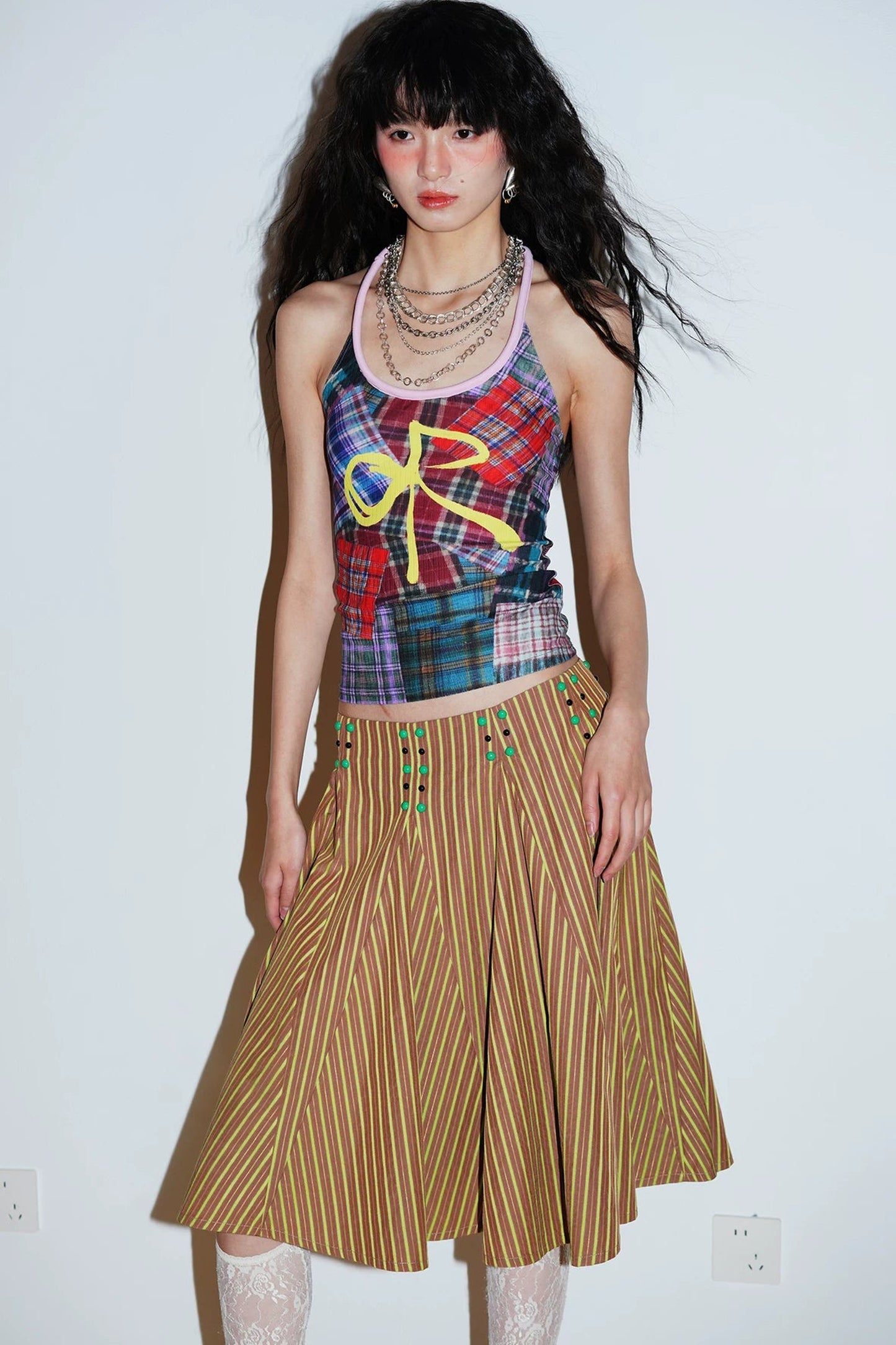 Color-Block Plaid Bow Camisole