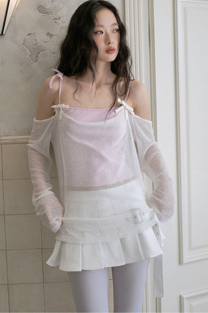 Schulterfreies Mesh-Camisole mit Schleifenband und Überwurf-Set