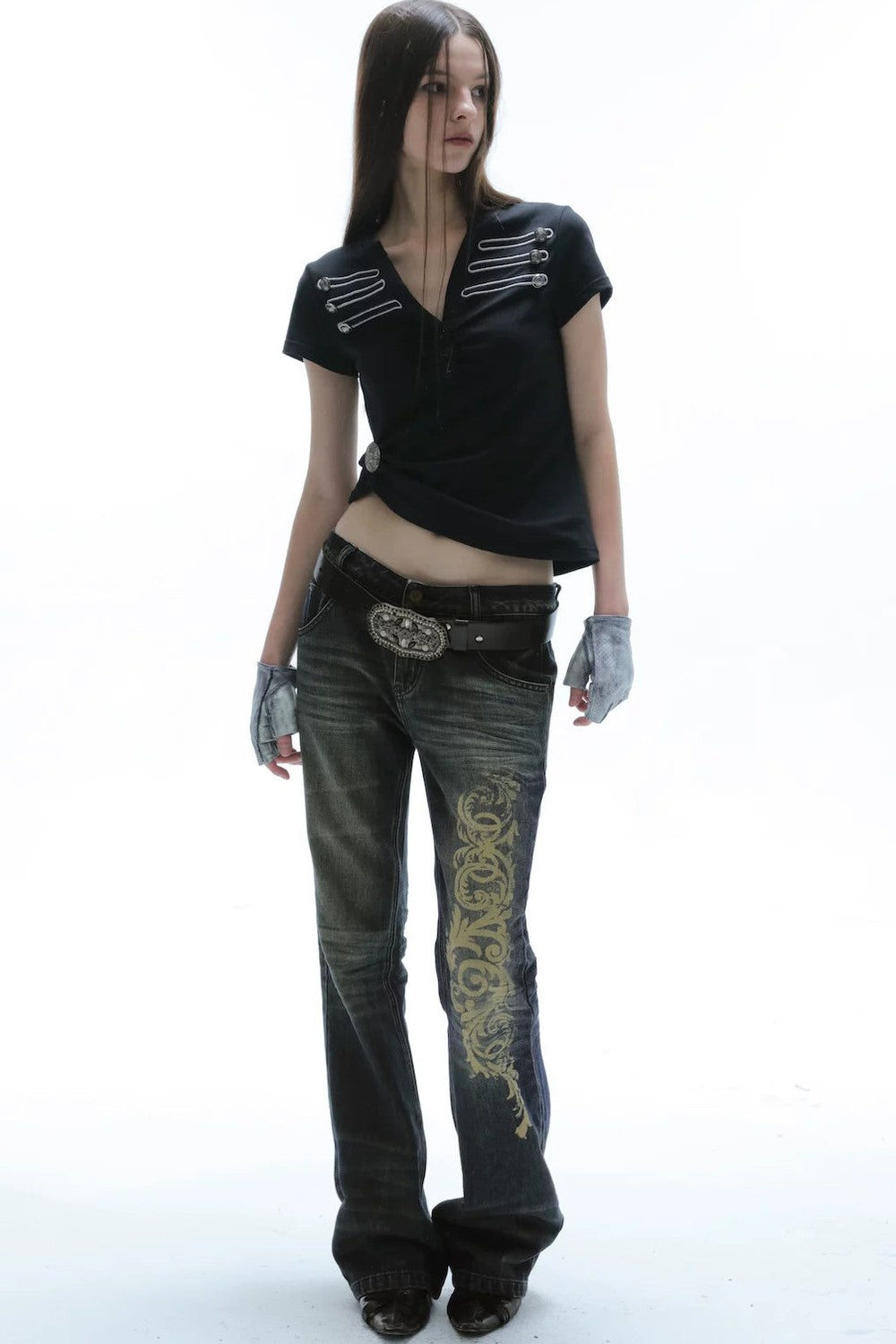 Distressed Baroque Flared Jeans