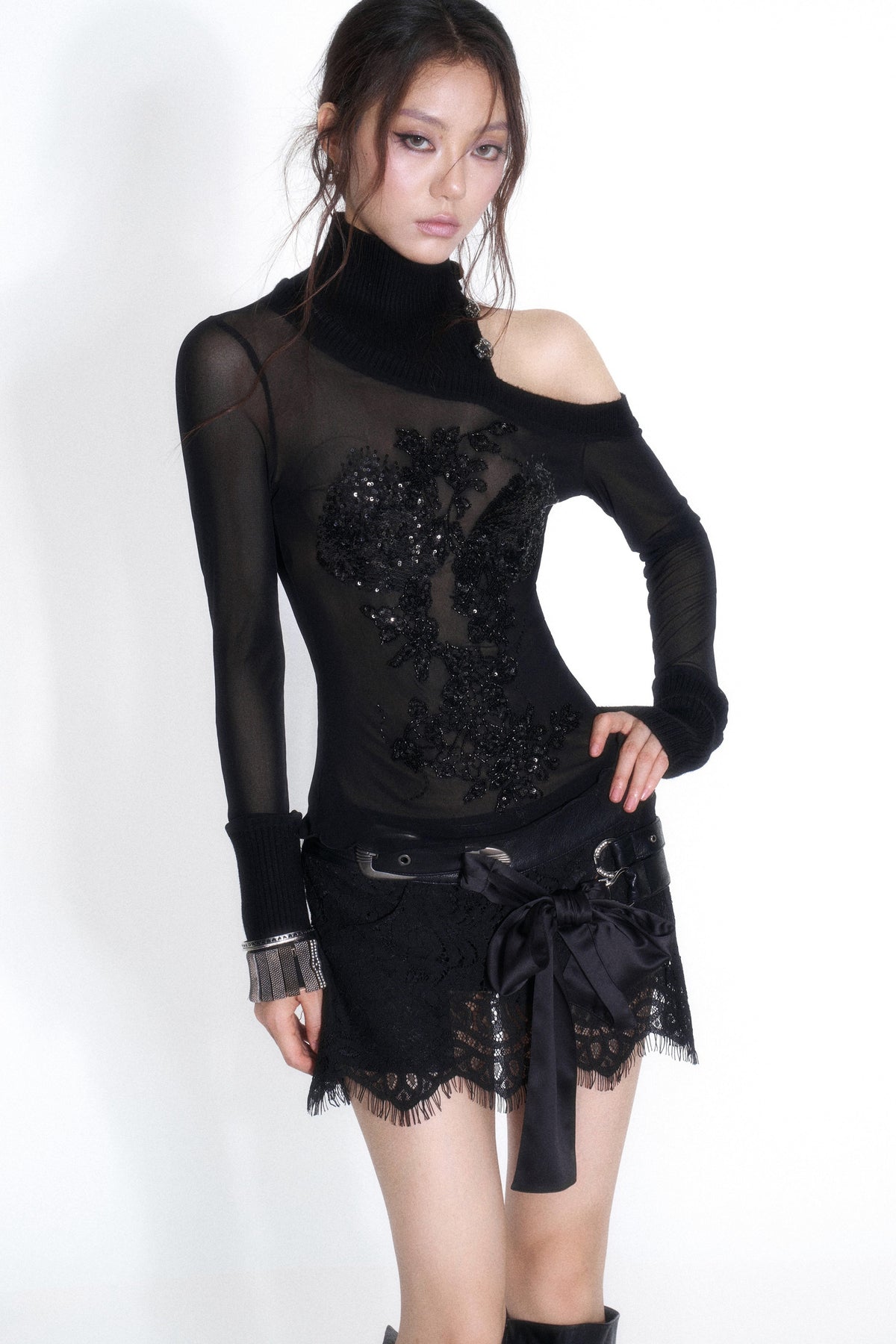 Off-Shoulder Beaded Knit Top