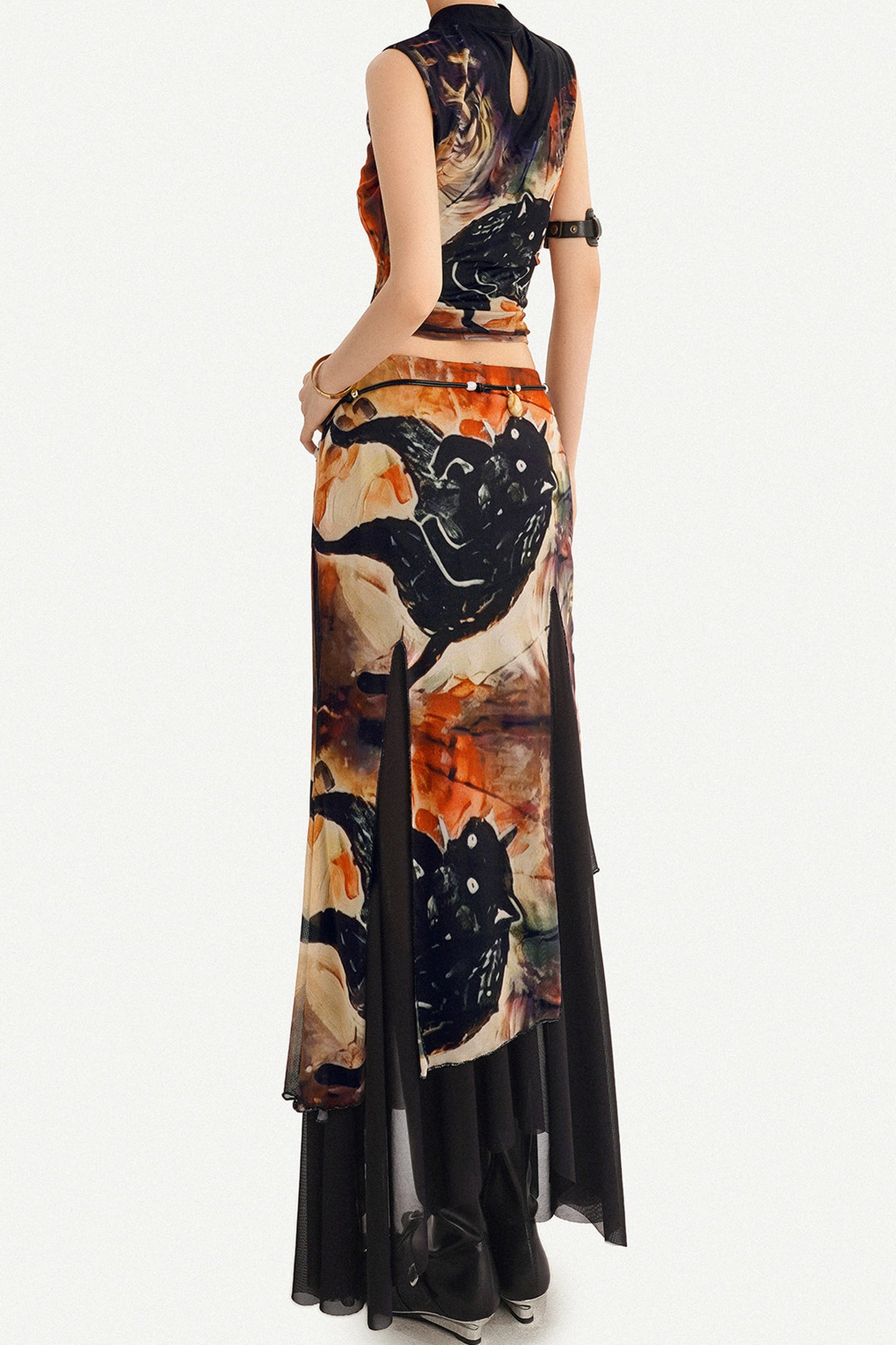 Oriental Ink Painting Print Double-Layer Mesh Tank Top Set-Up