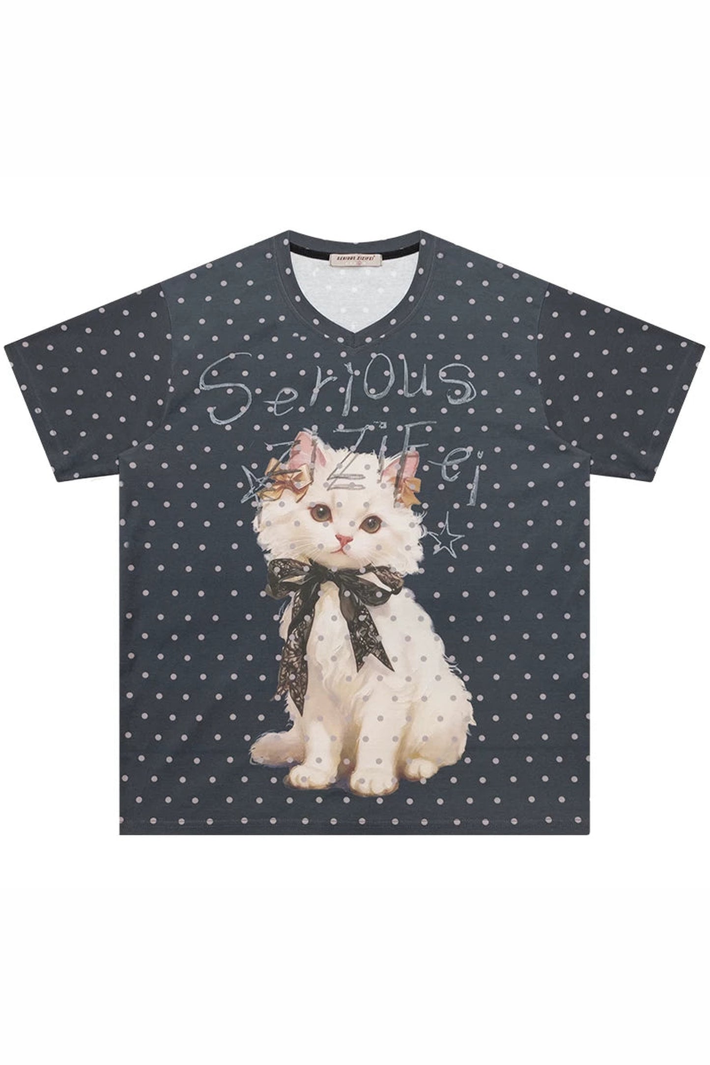 Polka Dot Cat V-Neck Blouse