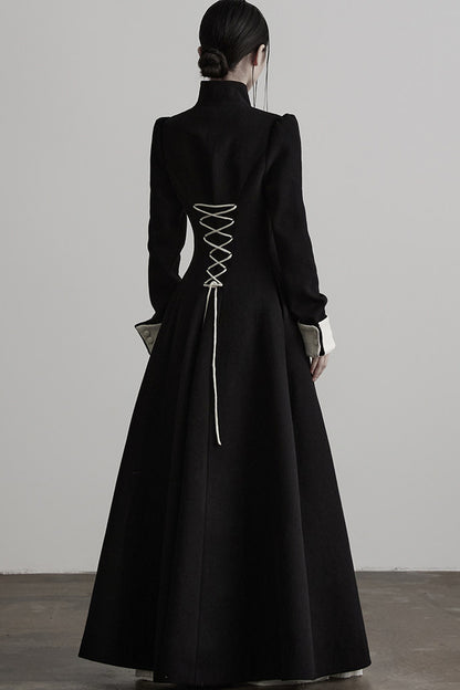 100% Wool Stand Collar Tie-Back Long Coat