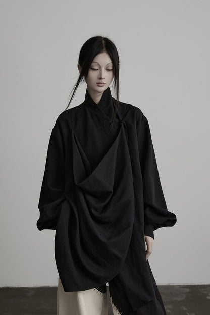 Dark New Chinese Style Draped Pleated Shirt