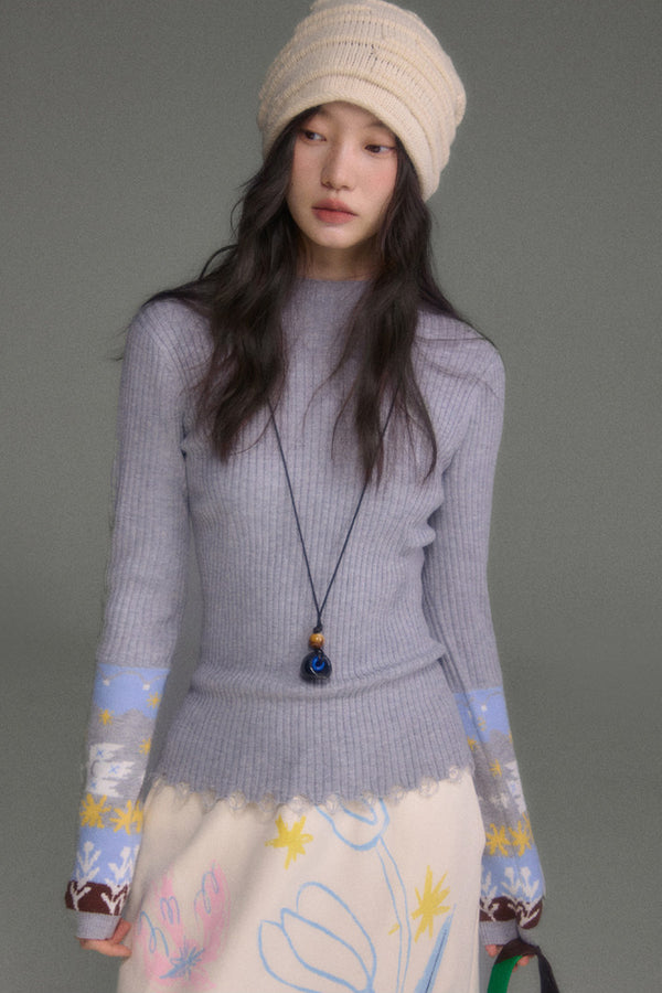 Wool Blend Bird Jacquard Knit Top