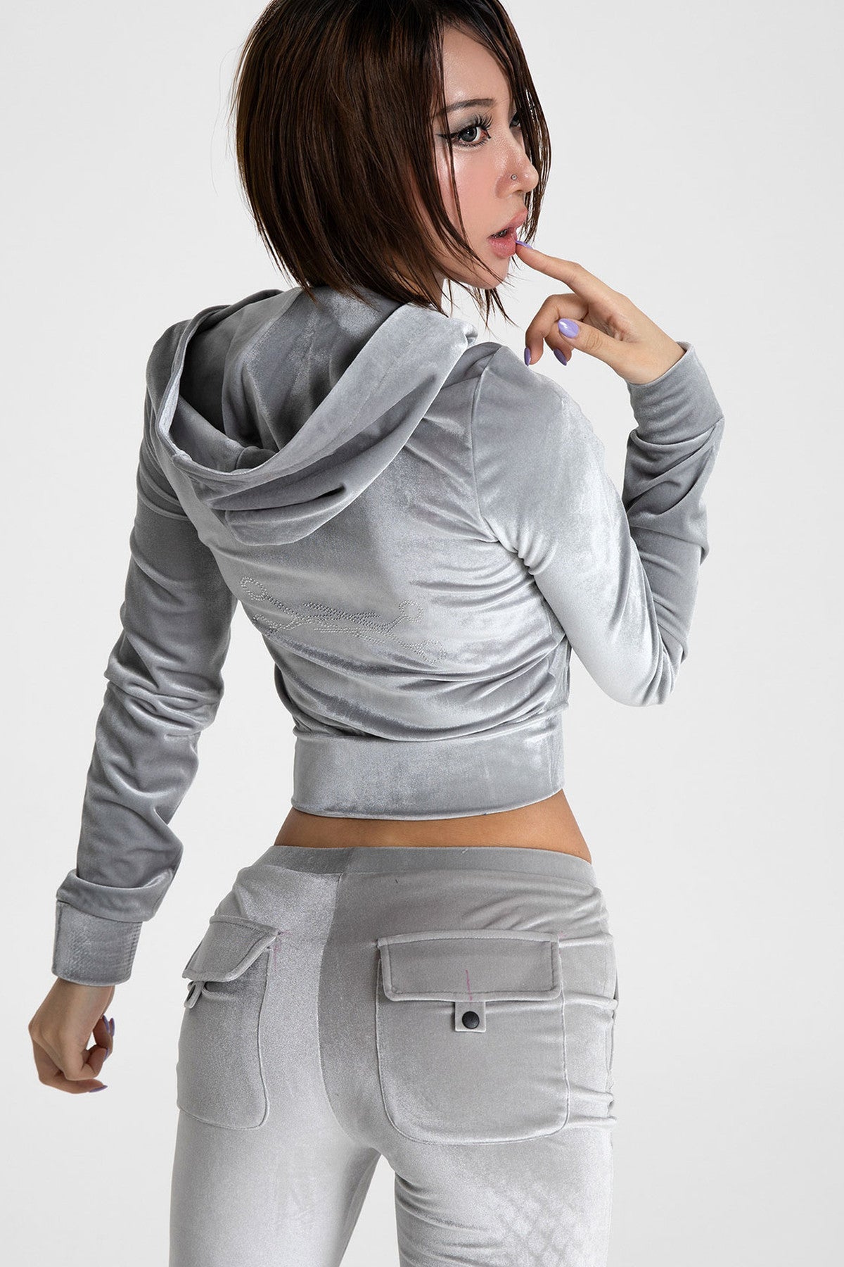 Glossy Velvet Hooded Tracksuit Set-Up