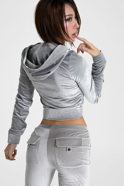 Glossy Velvet Hooded Tracksuit Set-Up