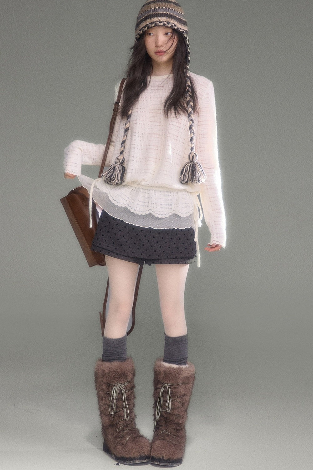 Plaid Lace Long Sleeve T-Shirt Skirt Set-Up