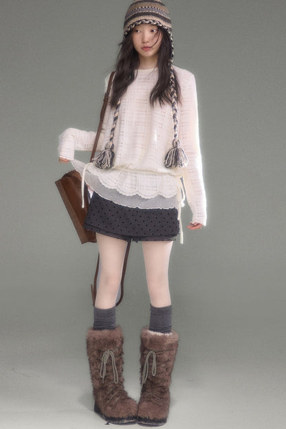 Plaid Lace Long Sleeve T-Shirt Skirt Set-Up