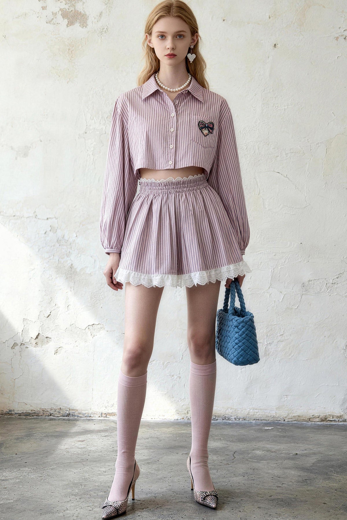 Striped Shirt and Lace Skirt Set