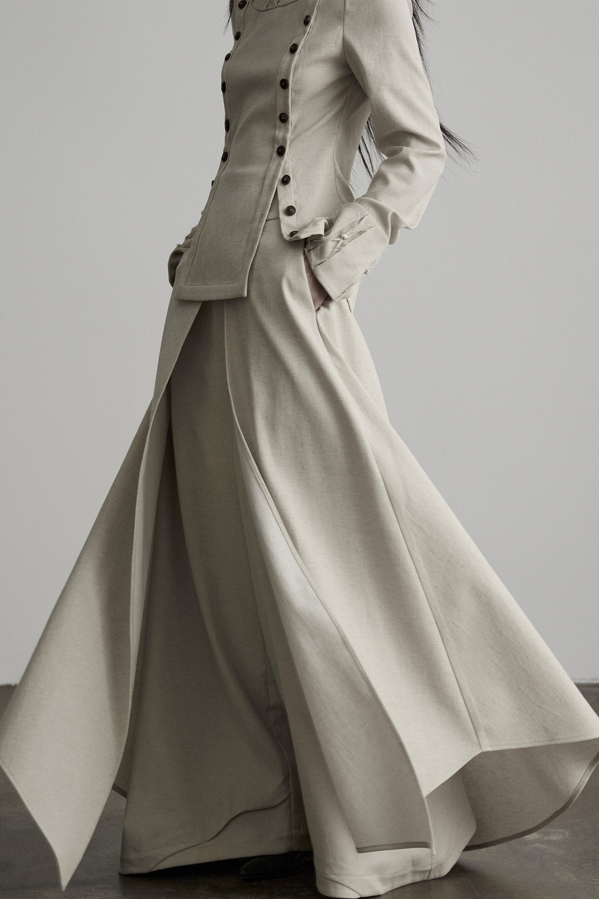 French Linen Blend Layered-Look Wide-Leg Pants