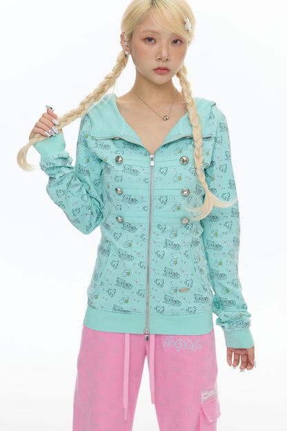 Mint Green Frog Double-Breasted Zipper Jacket