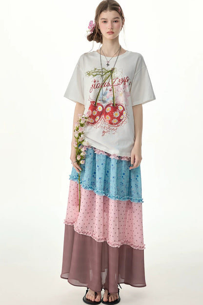 Pink Floral Polka Dot Tiered Maxi Skirt