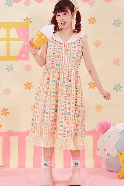 Ärmelloses Kleid mit Animal-Print und marineblauem Kragen