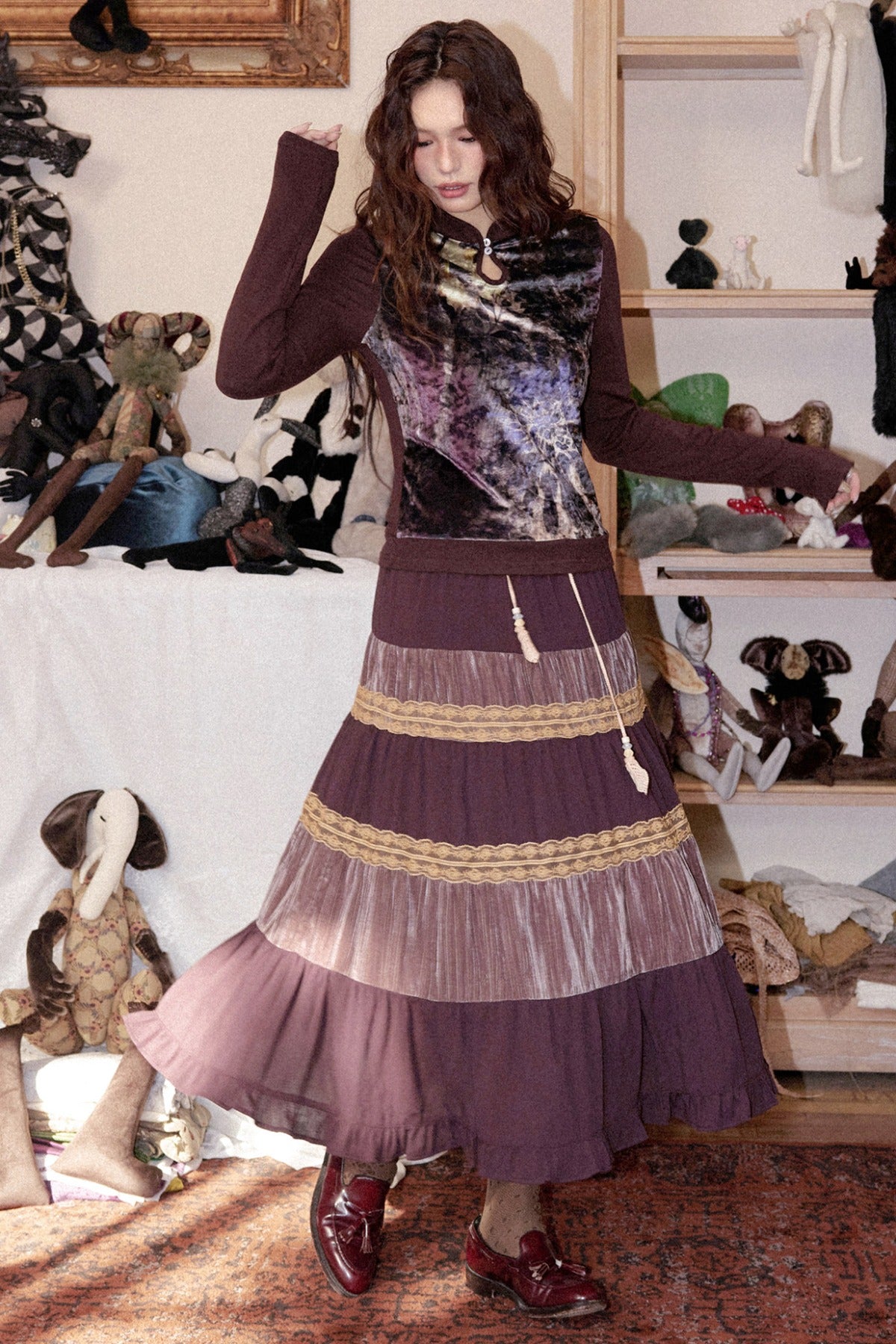 Crinkled Velvet Floral A-Line Skirt