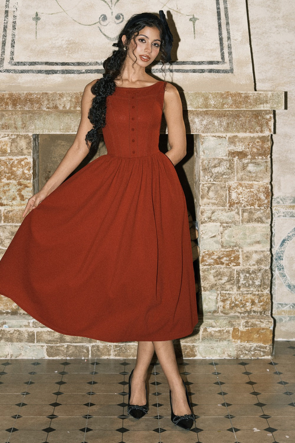 French Retro Red Strap Long Dress