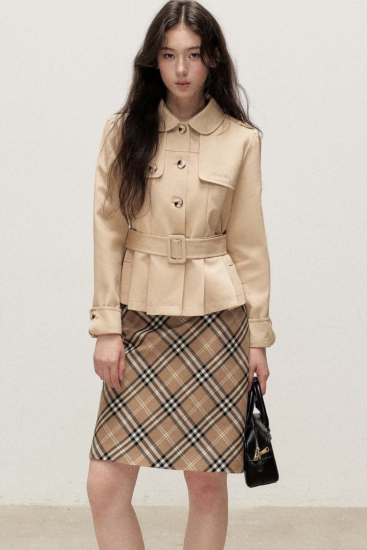 Cream Khaki Pleated A-Line Trench Coat