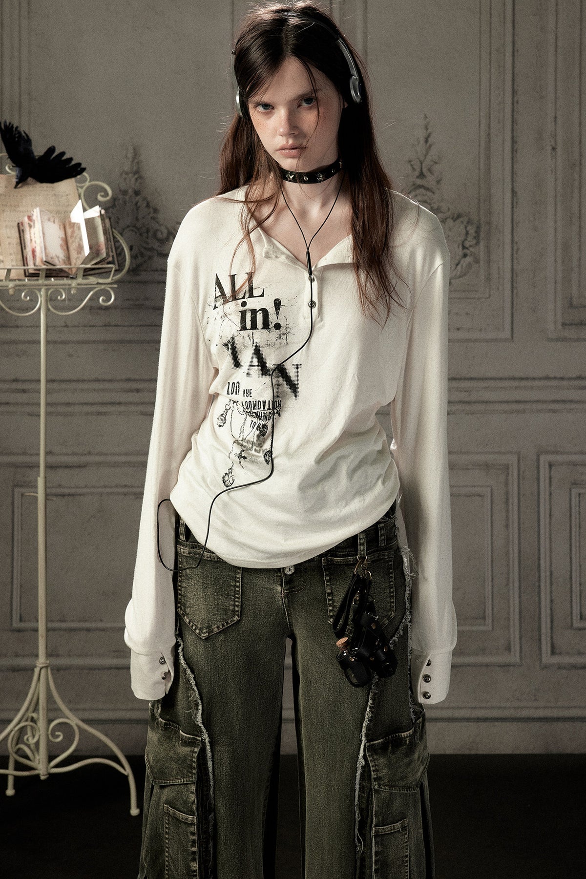 Beige Printed Long-Sleeved T-Shirt