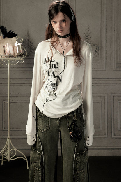 Beige Printed Long-Sleeved T-Shirt