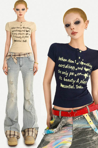 Schmales T-Shirt im koreanischen Stil mit Schriftprint