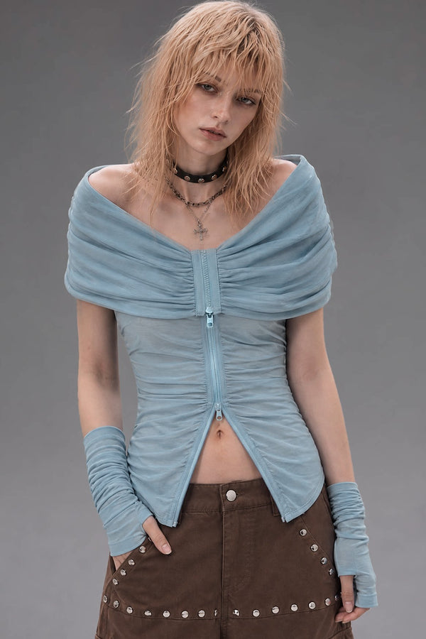 Off-Shoulder Pleated Knit Top