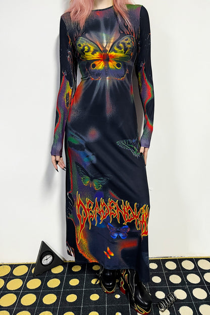 Butterfly Print Flame Long-Sleeved Dress