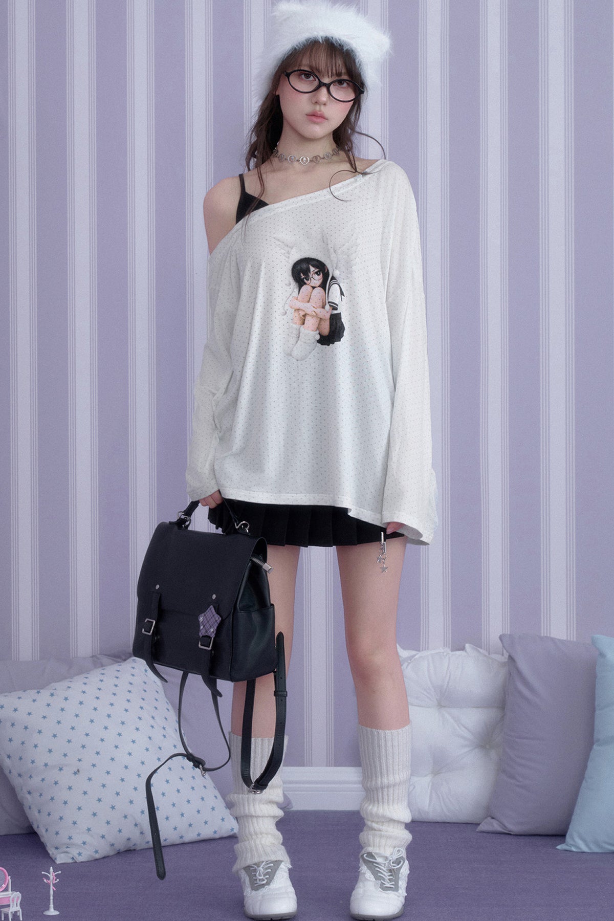White Star Off-Shoulder Layered-Look T-shirt