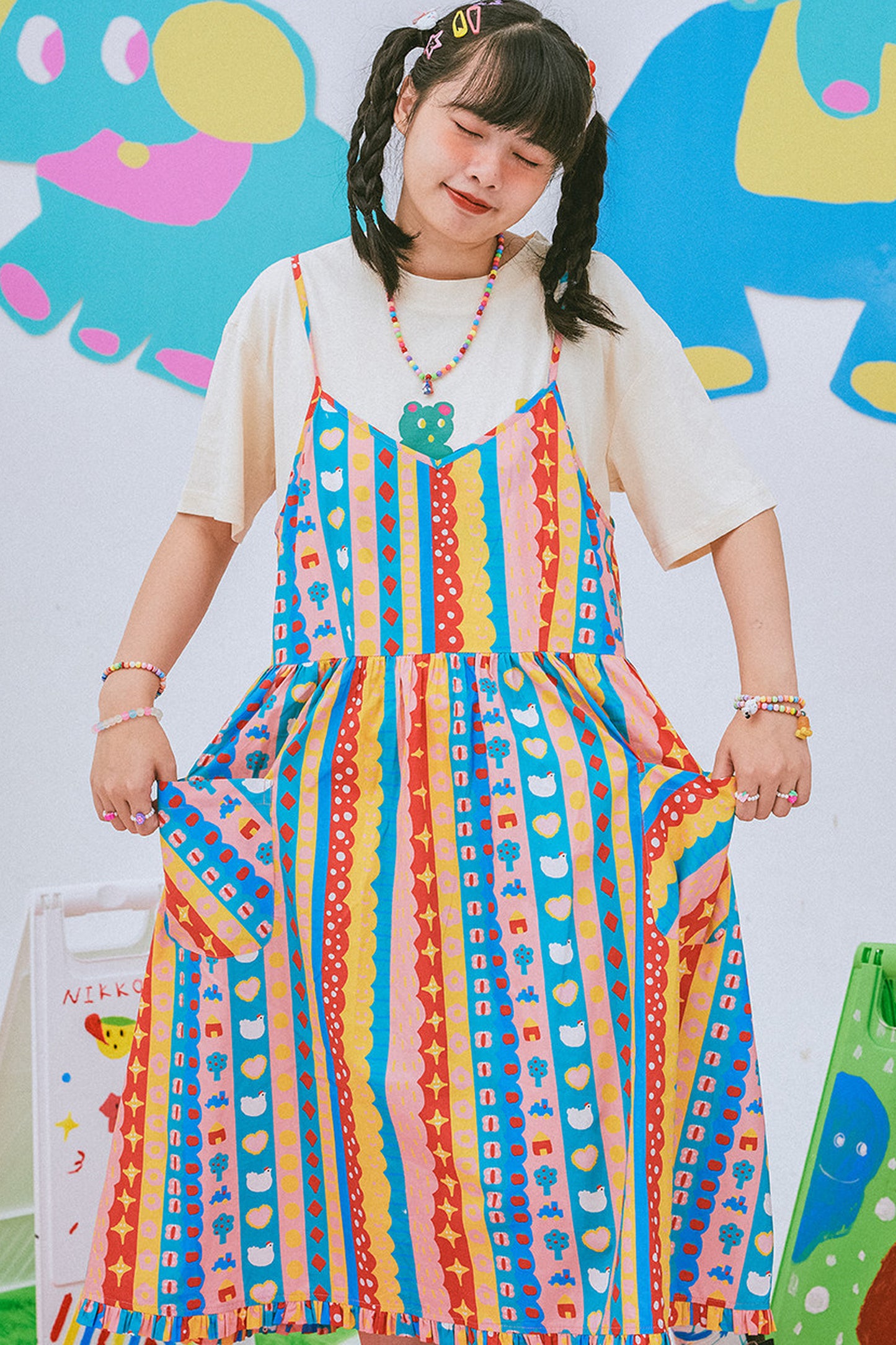 Kindergarten Paradise Print Suspender Dress