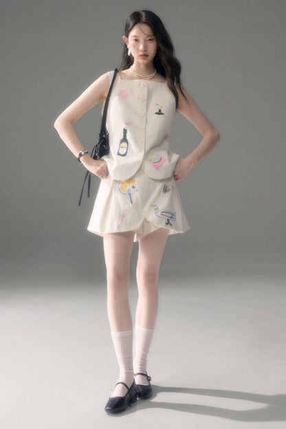 Ear Detail Tencel Cotton Embroidered Vest and Shorts Set-Up