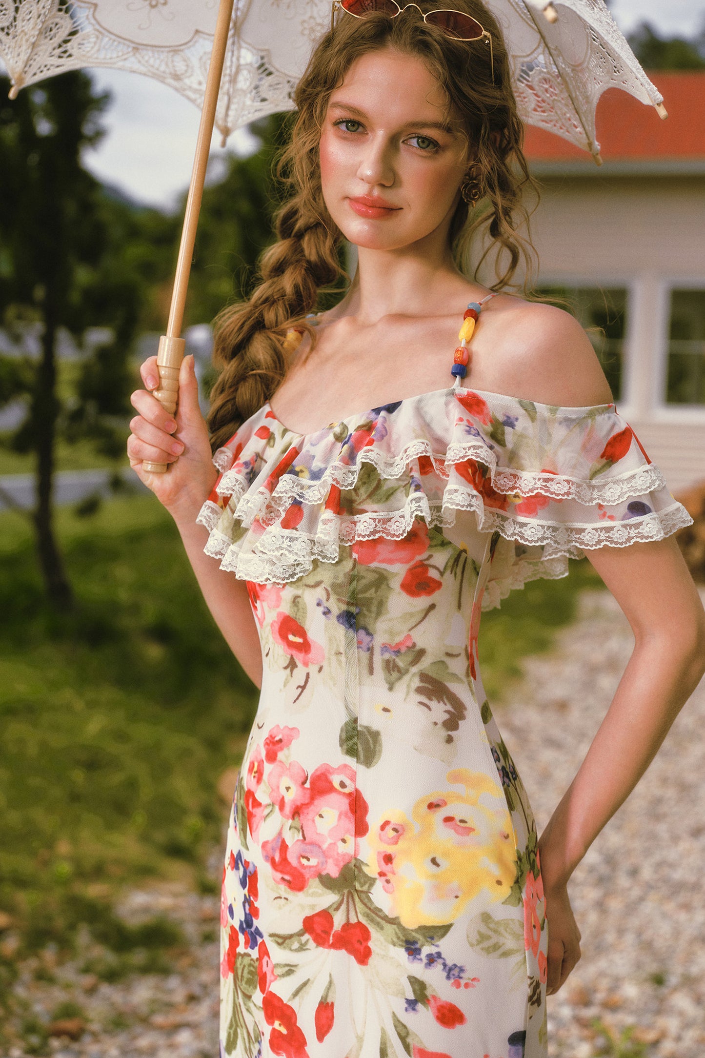 Floral Ruffled Elastic Mesh Long Dress